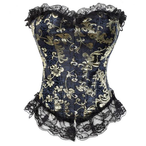 New-gold-flower-pattern-Boned-lace-Bustier-Satin-Overbust-Corset-Basque-S-6XL-2