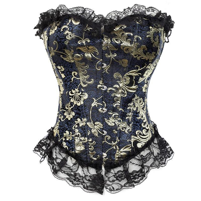 Flowered Golden Boned Satin Overbust Corset